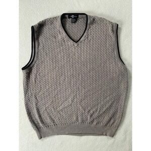 Cotton Traders Mens Large Sweater Vest Taupe Cable Knit V-Neck Cotton Trimmed